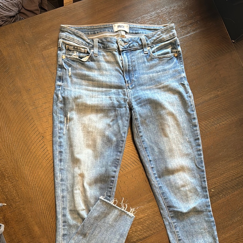 PAIGE Blue Vintage Distressed Cropped Jeans
